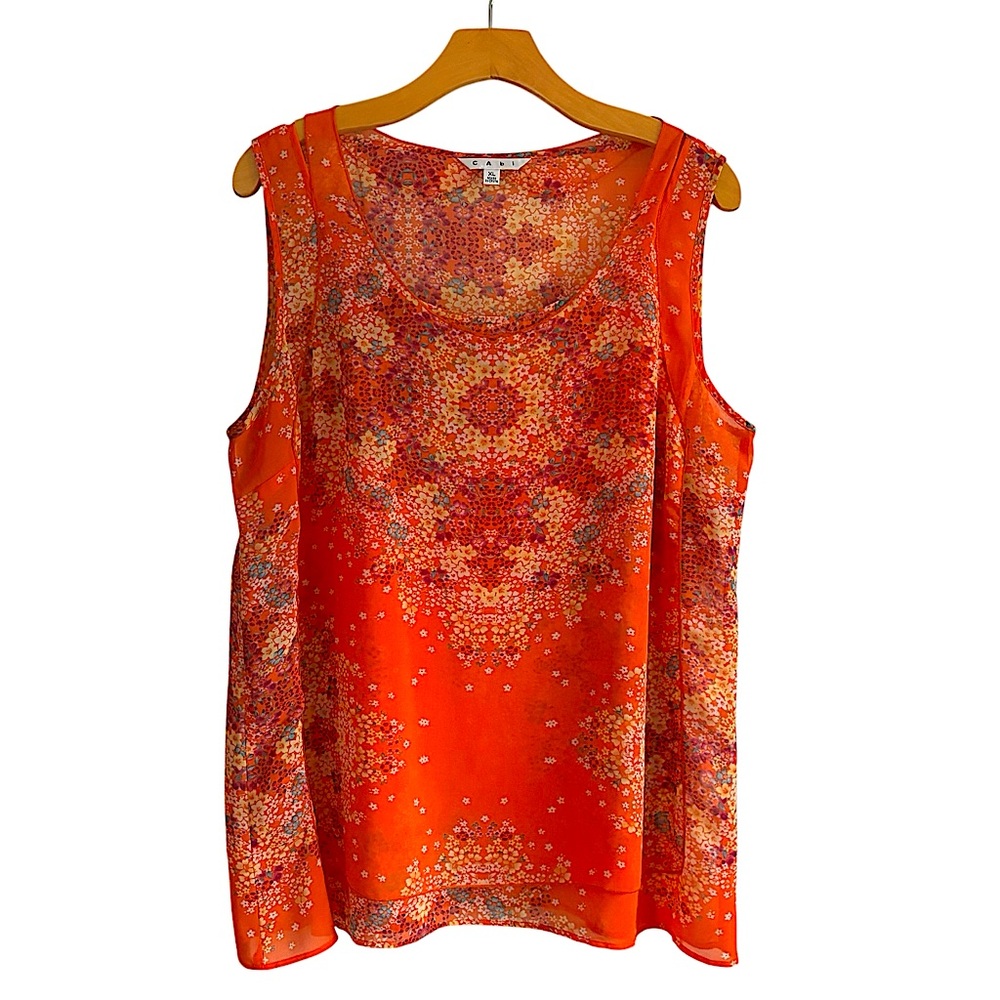 CAbi Orange Floral Print Silk Tank Top